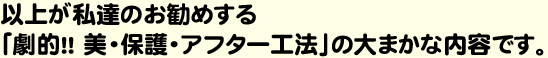 以上が私達のお勧めする「劇的！！ 美・保護・アフター工法」の大まかな内容です。