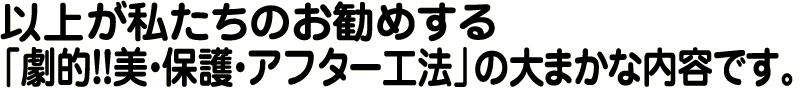 以上が私達のお勧めする「劇的！！ 美・保護・アフター工法」の大まかな内容です。